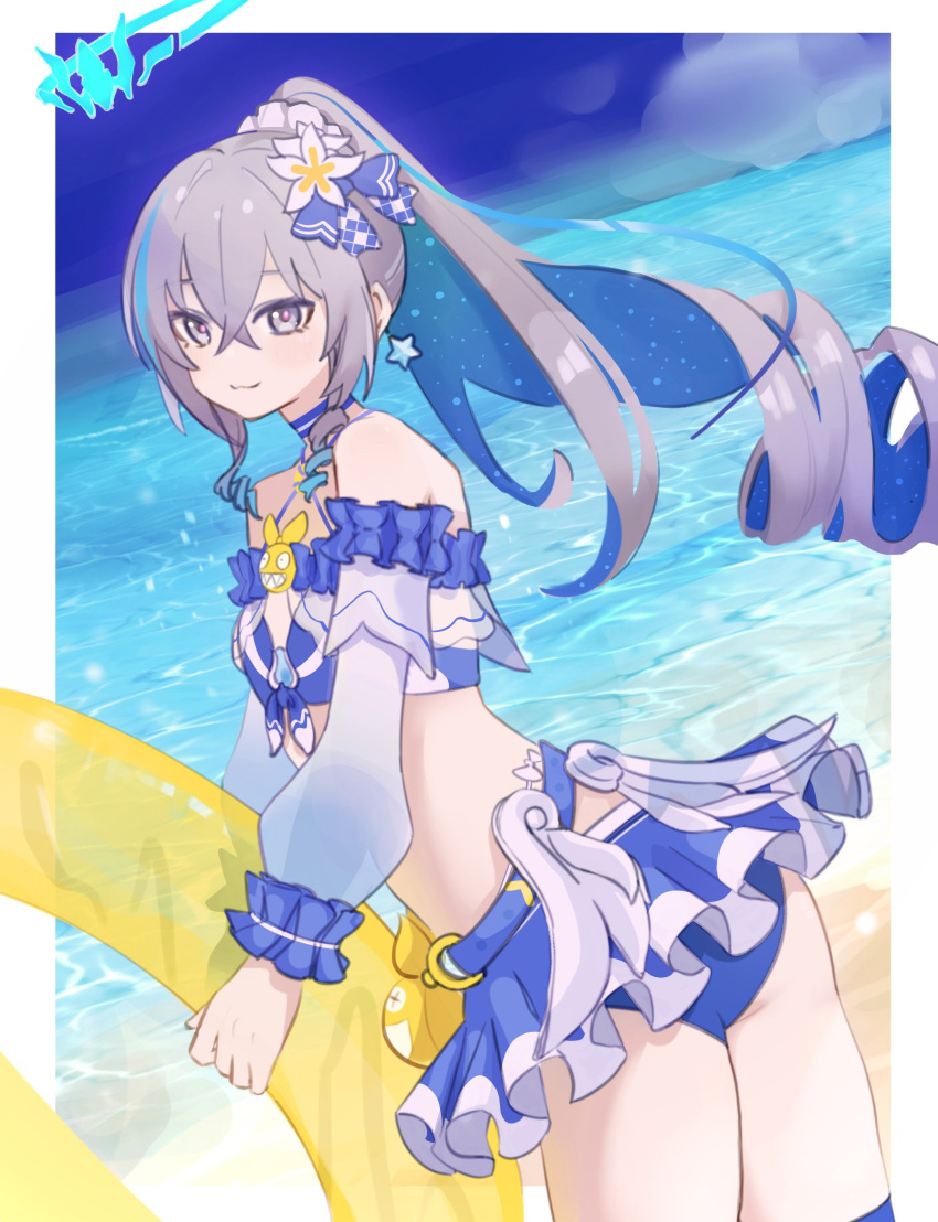 1girl absurdres ass beach bikini bikini_skirt blue_bikini blue_sky blue_sleeves border bronya_zaychik bronya_zaychik_(herrscher_of_truth) drill_hair frilled_bikini frills grey_eyes grey_hair hair_ornament halo highres holding holding_innertube homu_(honkai_impact) honkai_(series) honkai_impact_3rd innertube long_hair looking_at_viewer low_wings mini_wings outdoors piri sand sky solo swimsuit very_long_hair water white_border wings