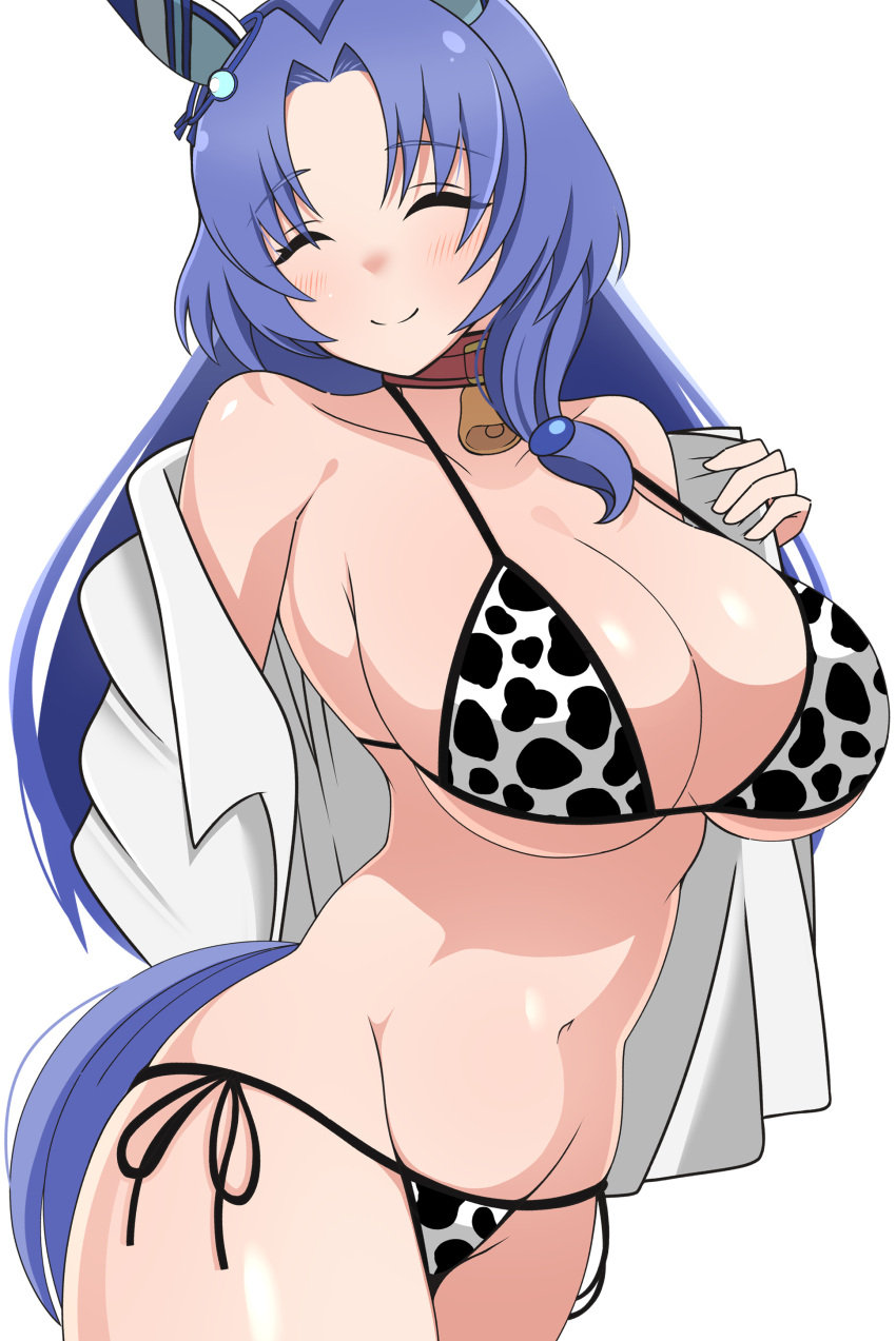 1girl absurdres animal_ears animal_print bell blue_eyes blue_hair breasts cleavage closed_eyes collarbone cow_print cowbell ear_covers ear_ornament godolphin_barb_(umamusume) highres horse_ears horse_girl horse_tail horseshoe_ornament jacket large_breasts long_hair ponzu005 shirt simple_background smile solo swimsuit tail track_jacket umamusume white_background white_shirt