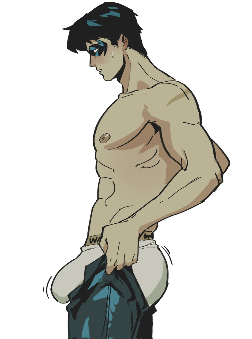 abs black_hair bulge copyright_request eye_mask highres meme muscular muscular_male never_seen_a_guy_recreate_this_(meme) nightwing short_hair simple_background toumaart underwear white_background