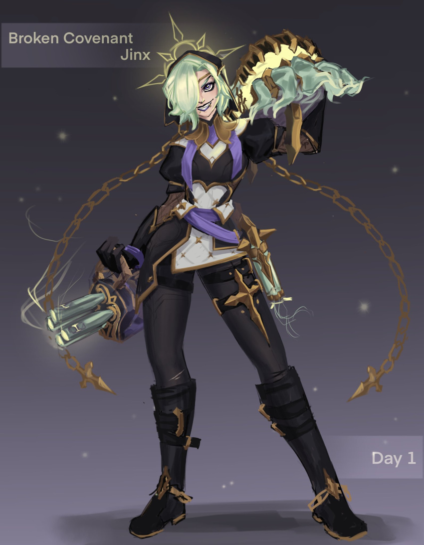 1girl alternate_costume black_footwear black_gloves blonde_hair boots chain english_text full_body gatling_gun gloves grin gun hair_over_one_eye highres holding holding_gun holding_weapon jinx_(league_of_legends) juliet_sleeves knee_boots league_of_legends long_sleeves minigun puffy_sleeves short_hair smile solo standing teeth weapon zhonya