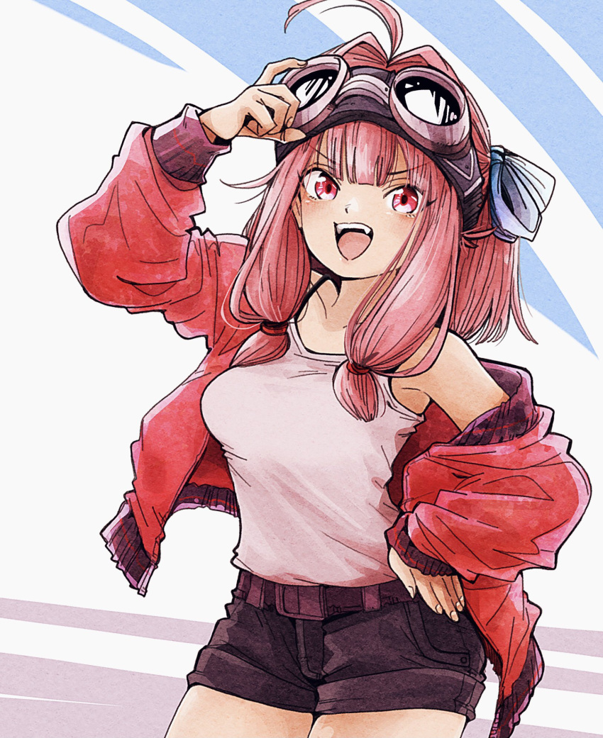1girl adjusting_eyewear ahoge alternate_costume blue_background blue_bow bow breasts commentary_request cowboy_shot fang goggles goggles_on_head hair_bow hair_intakes hand_on_own_hip highres jacket jacket_partially_removed kotonoha_akane large_breasts long_hair long_sleeves looking_at_viewer low_tied_sidelocks multicolored_background natsu_tuna open_clothes open_jacket open_mouth pink_tank_top red_eyes red_jacket red_shorts short_shorts shorts sidelocks smile solo tank_top teeth upper_teeth_only v-shaped_eyebrows voiceroid white_background