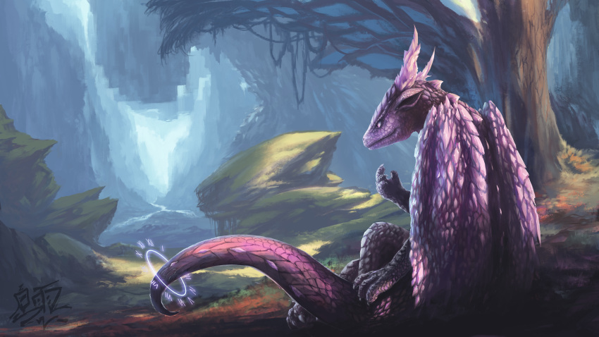 4_fingers absurd_res ambiguous_gender crystal crystal_horn detailed_background dragon feral fingers hi_res linchen outside plant pseudo_horn purple_body roman_numeral scales scaley_wings sitting sitting_on_ground solo spikes spikes_(anatomy) stardust tail tree