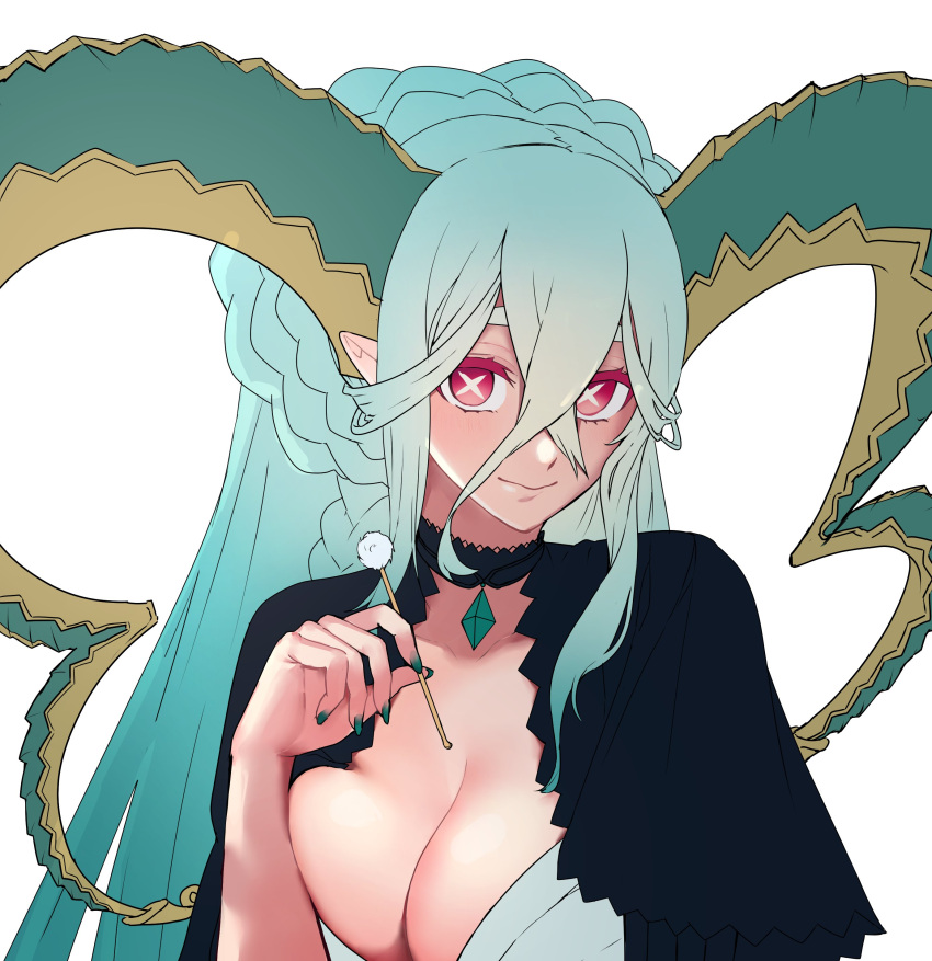 1girl absurdres black_choker braid breasts choker cleavage closed_mouth collarbone colored_eyelashes crossed_bangs curled_horns fate/grand_order fate_(series) green_horns green_nails hair_between_eyes highres holding horns large_breasts large_horns larva_tiamat_(fate) larva_tiamat_(third_ascension)_(fate) long_hair long_horns mimikaki pointy_ears red_eyes seseragi_azuma simple_background smile solo symbol-shaped_pupils tiamat_(fate) upper_body very_long_hair white_background x-shaped_pupils