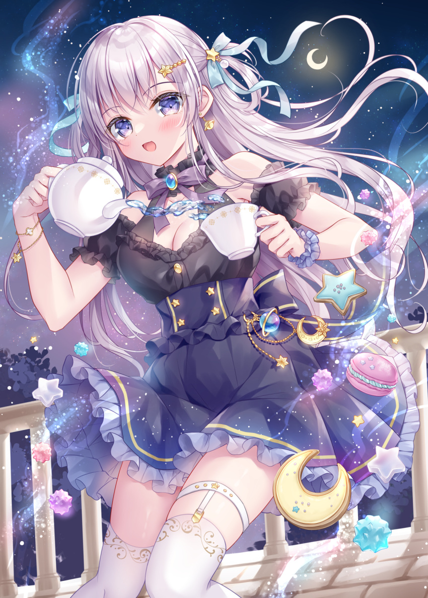 1girl black_shirt black_sleeves blue_bow blue_skirt bow breasts cleavage commentary_request crescent crescent_moon cup detached_sleeves food frilled_skirt frills hair_bow hair_ornament high-waist_skirt highres holding holding_cup holding_teapot kohinata_hoshimi macaron medium_breasts moon night night_sky original outdoors puffy_short_sleeves puffy_sleeves purple_bow shirt short_sleeves skirt sky sleeveless sleeveless_shirt solo star_(sky) star_(symbol) star_hair_ornament starry_sky teacup teapot thighhighs white_thighhighs