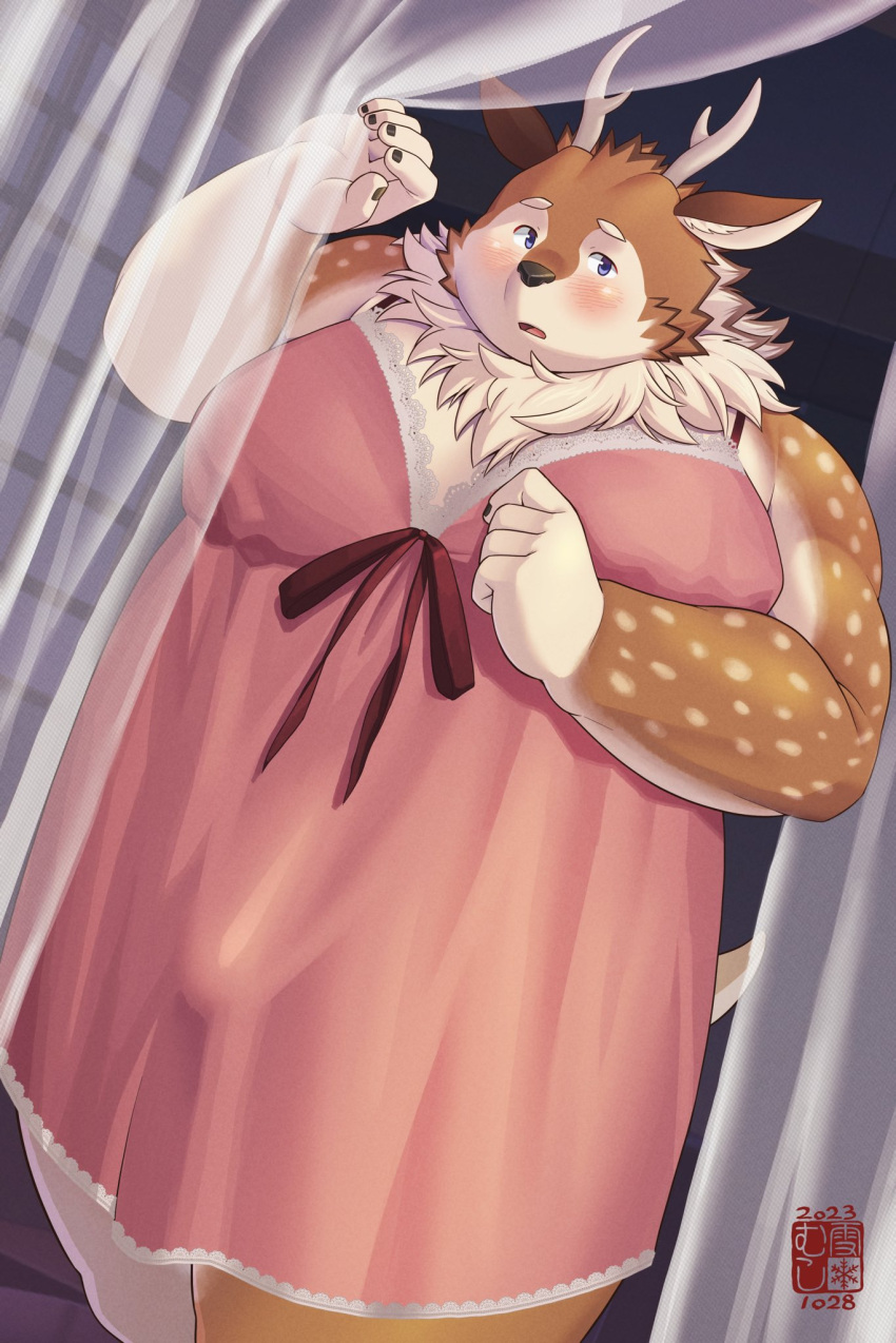 anthro antlers belly blue_eyes blush bulge clothed clothing crossdressing curtains deer embarrassed fur hi_res horn kazusa looking_at_viewer male mammal nightgown overweight solo spots spotted_body spotted_fur tamacolle yukimushi6