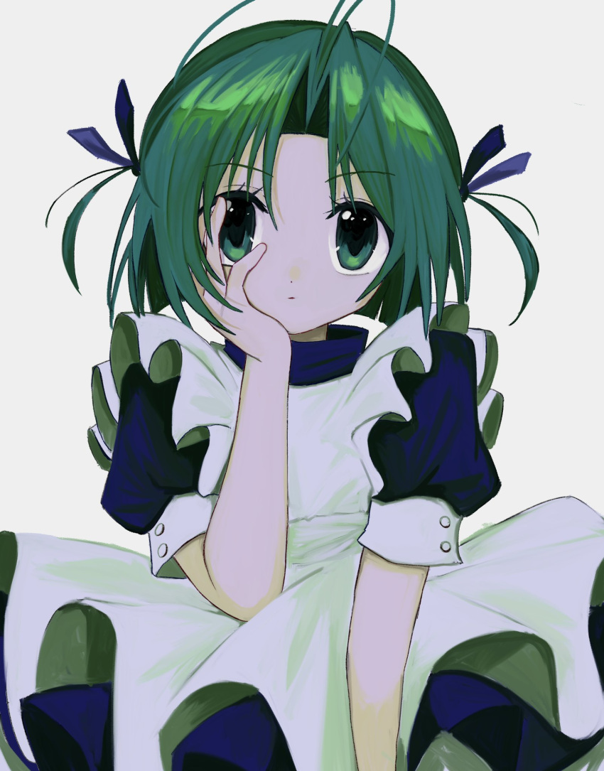 1girl antenna_hair apron blunt_ends dejiko di_gi_charat dress expressionless green_eyes green_hair hair_ribbon hand_on_own_cheek hand_on_own_face highres looking_at_viewer maid maid_apron parted_bangs pepeppepe101 puffy_short_sleeves puffy_sleeves ribbon short_hair short_sleeves solo two_side_up