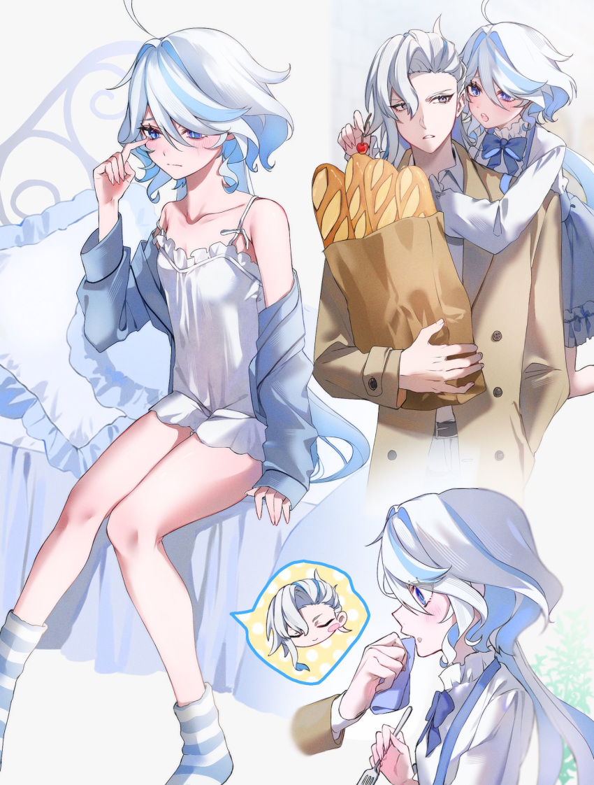 1boy 1girl ahoge alternate_costume baguette blue_eyes blue_hair blush bread closed_eyes closed_mouth collarbone fingernails food fork furina_(genshin_impact) genshin_impact hair_between_eyes hetero heterochromia highres holding holding_fork jacket kumo_ff legs light_blue_hair long_hair looking_at_another multicolored_hair neuvillette_(genshin_impact) open_mouth purple_eyes sidelocks simple_background sitting smile streaked_hair teeth two-tone_hair upper_teeth_only white_hair