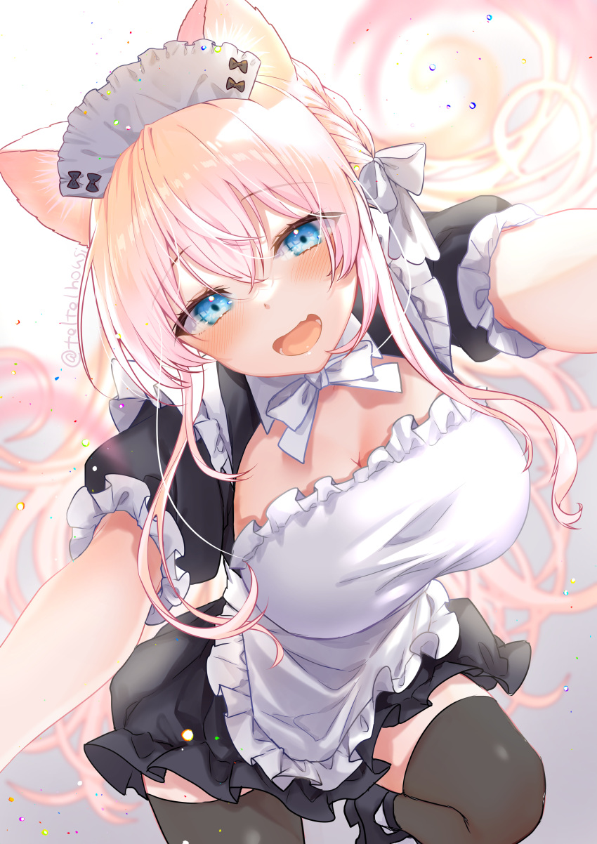 1girl absurdres animal_ears apron black_dress black_thighhighs blue_eyes braid breasts cat_ears cat_girl cleavage cleavage_cutout clothing_cutout dress fang highres hina_kurisu large_breasts long_hair looking_at_viewer maid_apron maid_headdress open_mouth pink_hair ribbon short_sleeves skin_fang smile solo teltelhousi thighhighs unreal_night_girls virtual_youtuber white_ribbon