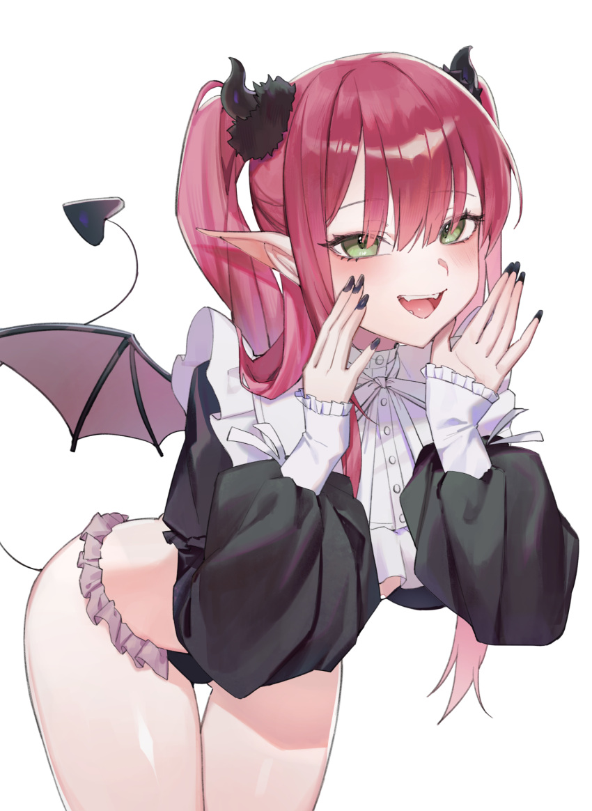 1girl :d absurdres bent_over black_nails breasts cosplay demon_girl demon_horns demon_tail demon_wings green_eyes highres horns kitagawa_marin long_hair long_sleeves looking_at_viewer may.l nail_polish open_mouth pointy_ears red_hair rizu-kyun shiny_skin smile solo sono_bisque_doll_wa_koi_wo_suru tail teeth tongue twintails underwear upper_teeth_only white_background wings