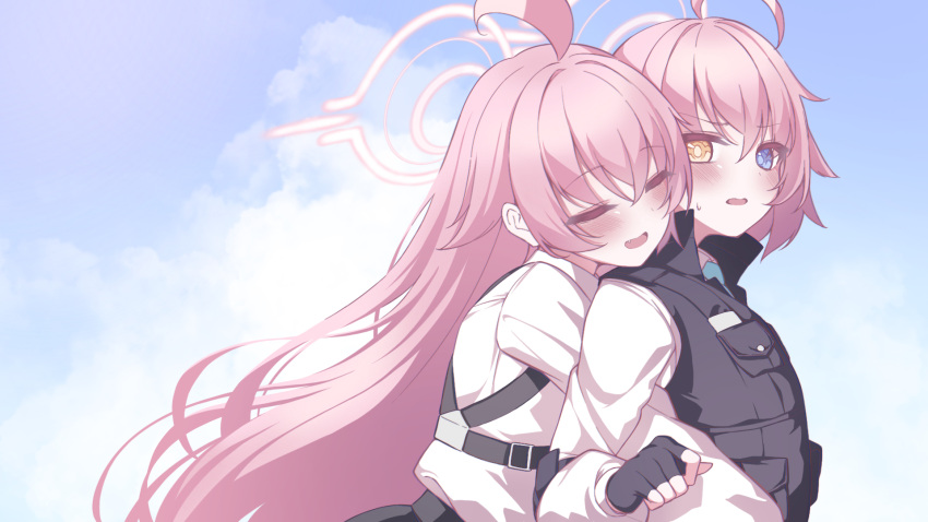 2girls ahoge amerika_neko blue_archive blush chest_harness closed_eyes dual_persona fingerless_gloves gloves halo harness heterochromia highres hoshino_(blue_archive) hoshino_(young)_(blue_archive) hug hug_from_behind long_hair long_sleeves looking_at_another multiple_girls outdoors pink_hair school_uniform shirt short_hair upper_body very_long_hair white_shirt