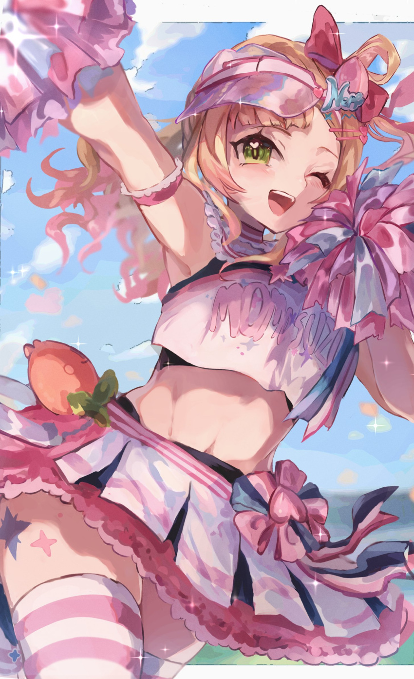 1girl ;d arm_garter blonde_hair cheerleader clothes_writing crop_top crop_top_overhang gradient_hair green_eyes groin hair_ornament hairclip harukayu_yu heart heart_hair_ornament heart_in_eye highres hololive layered_skirt long_hair looking_at_viewer midriff miniskirt momosuzu_nene momosuzu_nene_(4th_costume) multicolored_hair navel official_alternate_costume official_alternate_hairstyle one_eye_closed open_mouth pink_hair pink_headwear pink_skirt pleated_skirt pom_pom_(cheerleading) sideways_hat single_hair_ring skirt smile solo symbol_in_eye tank_top thighhighs virtual_youtuber visor_cap white_skirt white_tank_top white_thighhighs