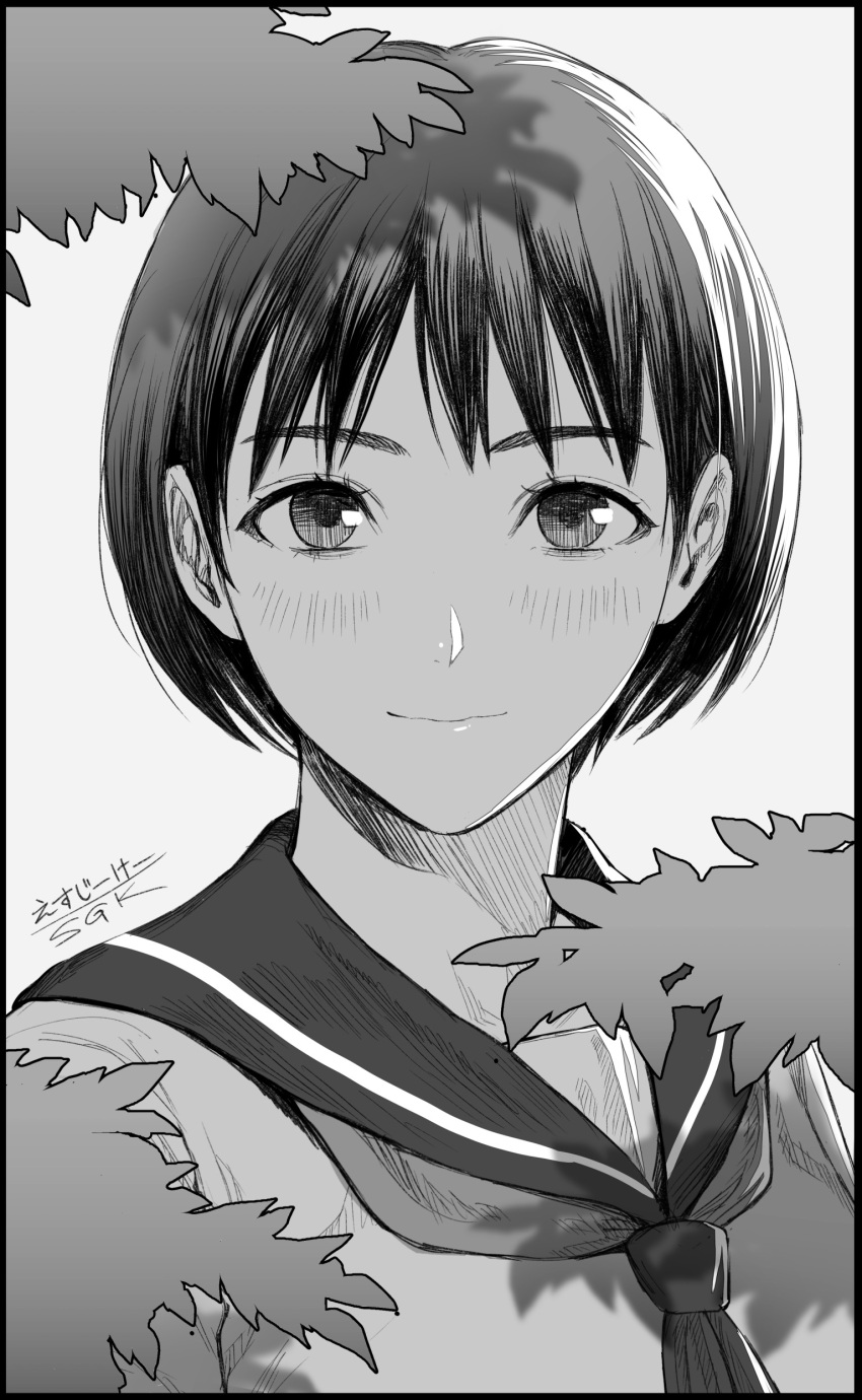 1girl absurdres ascot branch commentary_request greyscale hatching_(texture) highres looking_at_viewer medium_bangs monochrome original portrait sailor_collar school_uniform serafuku sgk short_hair signature smile solo