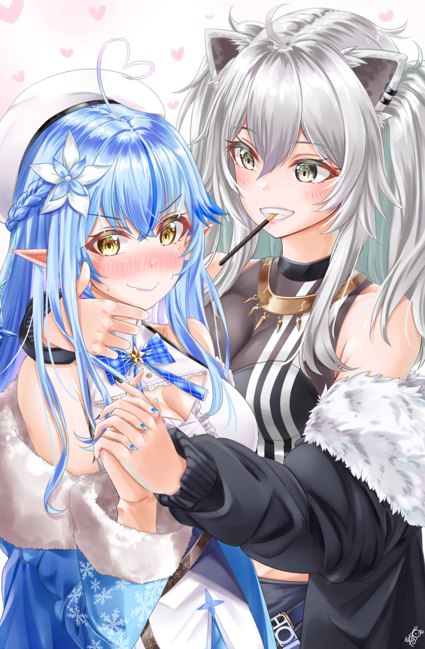 2girls absurdres ahoge animal_ears arm_around_neck ayakase_hotaru beret black_jacket black_shirt blue_coat blue_hair blue_nails blush breasts cleavage cleavage_cutout clothing_cutout coat food_in_mouth fur-trimmed_coat fur-trimmed_jacket fur_trim grey_eyes grey_hair hat heart heart_ahoge highres holding_hands hololive jacket large_breasts lion_ears lion_girl looking_at_another looking_at_viewer mouth_hold multicolored_hair multiple_girls nail_polish pocky_day pocky_in_mouth pointy_ears shirt shishiro_botan shishiro_botan_(1st_costume) sidelocks sleeveless sleeveless_shirt smile streaked_hair virtual_youtuber white_headwear yellow_eyes yukihana_lamy yukihana_lamy_(1st_costume)