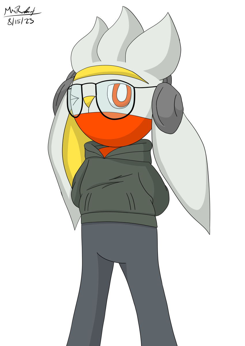 2023 absurd_res anthro black_body black_fur clothing dated eyewear fur generation_8_pokemon glasses green_clothing green_hoodie green_topwear grey_body grey_fur hands_behind_back headphones hi_res hoodie lagomorph leporid male mammal mr._raboot_the_raboot_(mrraboot) mrraboot nintendo one_eye_closed pokemon pokemon_(species) rabbit raboot red_eyes shaded signature simple_background simple_shading solo topwear wink