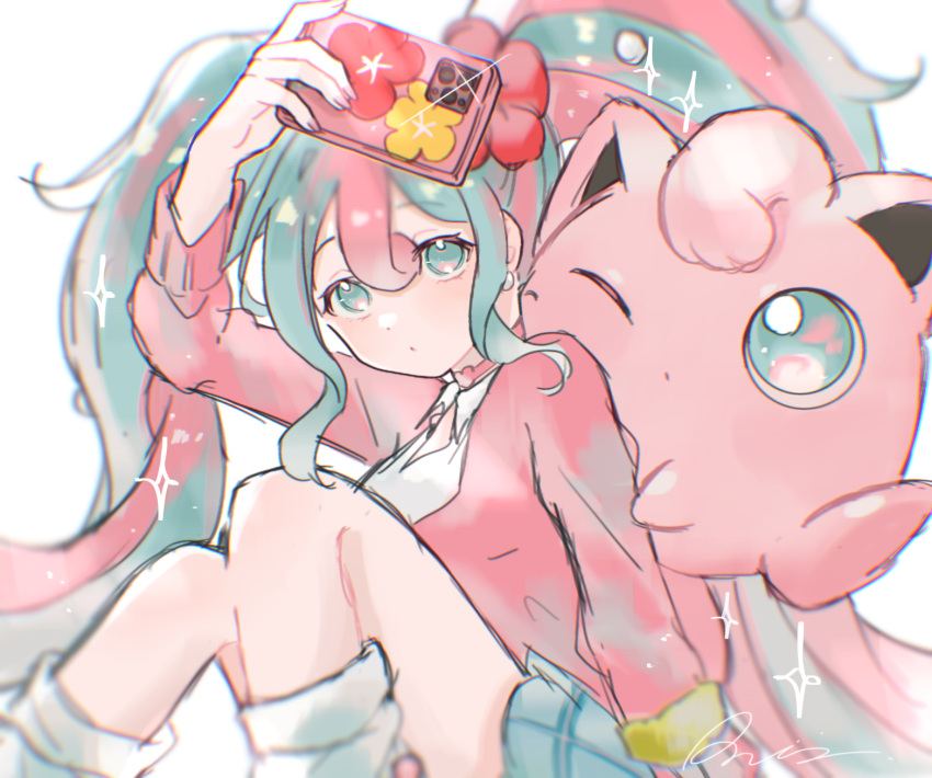 1girl blue_eyes blue_hair blue_skirt cellphone choker earrings fairy_miku_(project_voltage) fingernails flower hair_between_eyes hair_flower hair_ornament hatsune_miku heart heart_choker highres holding holding_phone jewelry jigglypuff knees_together_feet_apart light_blue_hair long_hair long_sleeves loose_socks miniskirt multicolored_eyes nail_polish pearl_earrings phone pink_choker pink_eyes pink_hair pink_nails pink_sweater plaid plaid_skirt pokemon pokemon_(creature) project_voltage raria_(reisui25_raria) red_flower school_uniform signature simple_background sitting skirt smartphone smartphone_case socks solo sparkle sweater twintails very_long_hair vocaloid white_background white_socks