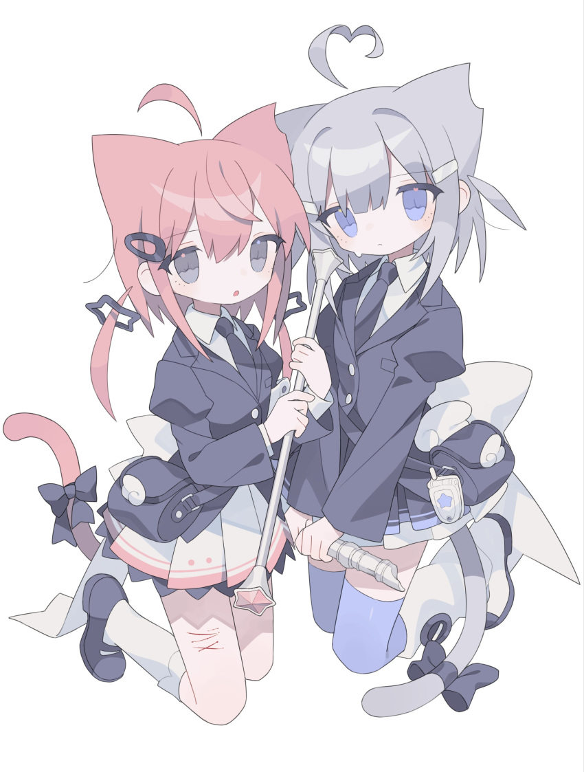 2girls absurdres ahoge animal_ears bag black_bag black_bow black_footwear black_jacket black_necktie black_skirt blue_eyes blue_thighhighs bow cat_ears cat_girl cat_tail cellphone closed_mouth collared_shirt cuts daizu_(melon-lemon) detached_ahoge dress_shirt flip_phone full_body grey_hair hair_between_eyes hair_ornament hairclip heart heart_ahoge heart_in_eye highres holding holding_instrument holding_staff injury instrument jacket kneehighs kneeling long_sleeves looking_at_viewer medium_hair miniskirt multiple_girls necktie original parted_lips phone pink_hair pleated_skirt purple_eyes recorder self_harm shirt shoes shoulder_bag skirt socks staff star_(symbol) star_hair_ornament star_in_eye symbol_in_eye tail tail_bow tail_ornament thighhighs variant_set white_background white_shirt white_skirt white_socks