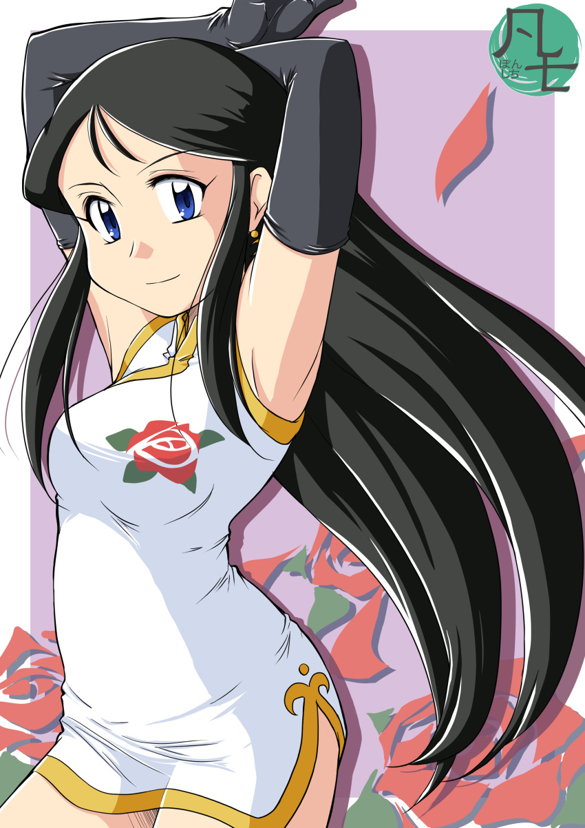 1girl absurdres black_hair blue_eyes bonsichi breasts china_dress chinese_clothes dress elbow_gloves giant_robo ginrei_(giant_robo) gloves highres long_hair looking_at_viewer mackintosh_rose medium_breasts smile solo stenciled_rose translation_request