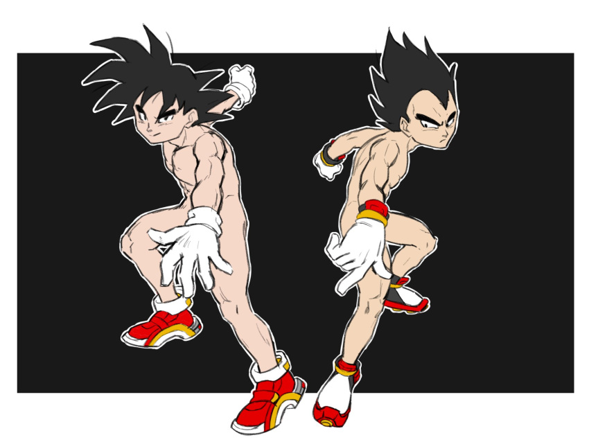 2boys arm_up arms_up black_background black_eyes black_hair border closed_mouth commentary convenient_arm cosplay dragon_ball dragon_ball_z english_commentary flat_color full_body gloves happy highres looking_at_viewer male_focus marvelpoison multicolored_footwear multiple_boys nude outline outside_border outstretched_arm outstretched_arms red_footwear shadow_the_hedgehog shadow_the_hedgehog_(cosplay) shoes short_hair simple_background smile son_goku sonic_(series) sonic_the_hedgehog sonic_the_hedgehog_(cosplay) spiked_hair standing symmetry toned v-shaped_eyebrows vegeta white_border white_gloves white_outline