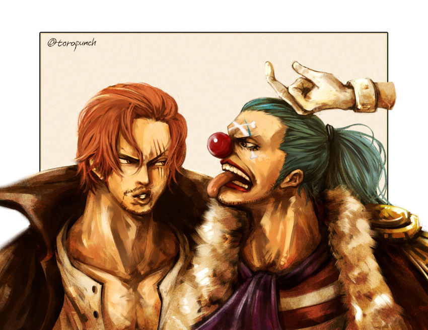 2boys artist_name black_coat blue_hair buggy_the_clown clown_nose coat commentary_request epaulettes facepaint facial_hair gloves highres makeup male_focus medium_hair multiple_boys one_piece open_mouth ponytail red_hair red_nose scar scar_across_eye scar_on_face shanks_(one_piece) teeth tongue tongue_out torapunch white_gloves