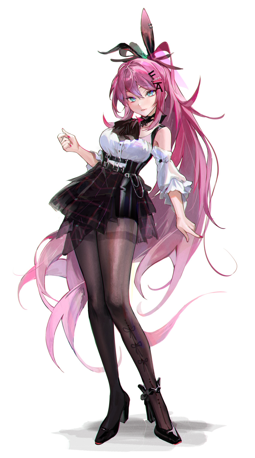 1girl absurdres black_footwear black_neckerchief black_skirt detached_sleeves full_body high_heels highres long_hair looking_at_viewer moko_(moko/moko) nail_polish neckerchief original pantyhose pink_hair ponytail purple_eyes red_nails skirt solo thighband_pantyhose very_long_hair