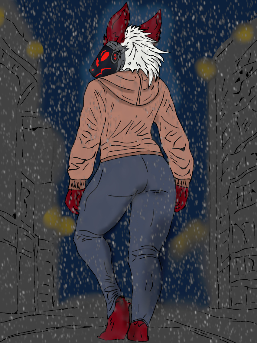 anthro bottomwear city clothing female fur hi_res hoodie looking_back machine multicolored_body multicolored_fur night ona(retrohnd) orange_clothing orange_hoodie orange_topwear pants protogen raining rear_view red_body red_eyes red_fur retrohnd topwear two_tone_body two_tone_fur walking white_body white_fur