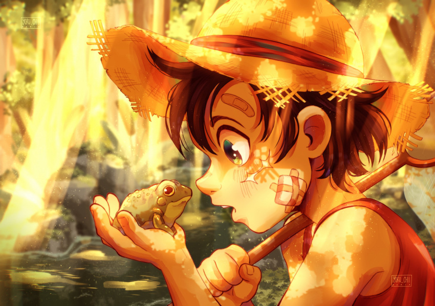 1boy absurdres aged_down animal artist_name bandaid bare_shoulders black_hair commentary english_commentary fishing_net hat highres male_focus maria_(yoru_chii) monkey_d._luffy one_piece open_mouth outdoors red_shirt shirt short_hair solo straw_hat toad_(animal)