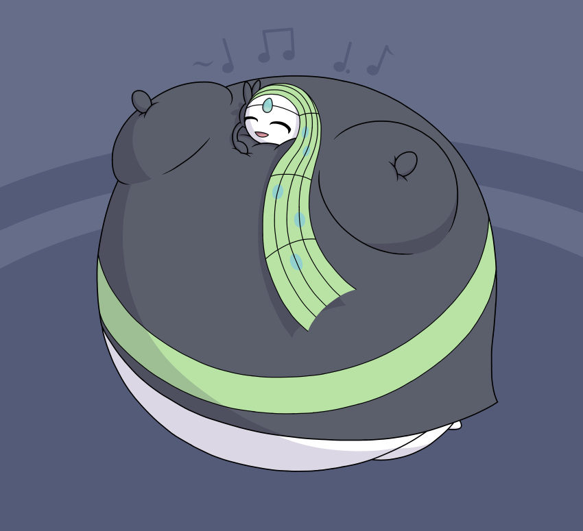 absurd_res black_body body_inflation cel_shading female generation_5_pokemon green_hair grey_background hair happy hi_res immobile incidental_(artist) inflation legendary_pokemon meloetta musical_note nintendo pokemon pokemon_(species) round_body shaded simple_background singing solo spherical_inflation white_body