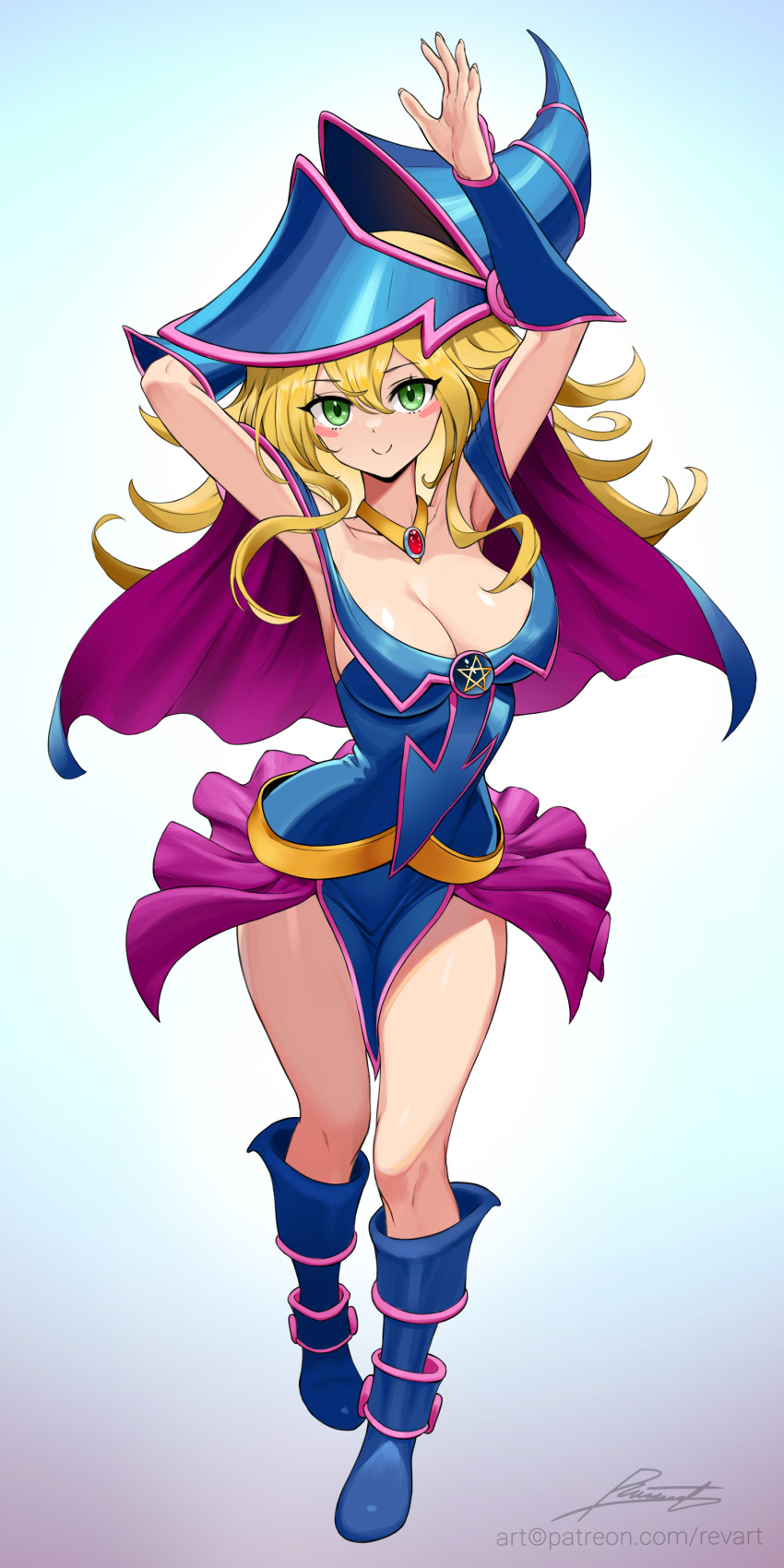 1girl absurdres arm_behind_head armpits arms_up bare_shoulders blonde_hair blue_footwear blue_headwear blush blush_stickers breasts cleavage collarbone dark_magician_girl duel_monster gradient_background green_eyes hat highres large_breasts long_hair looking_at_viewer messy_hair revenantart solo star_(symbol) strapless thighs witch_hat yu-gi-oh!