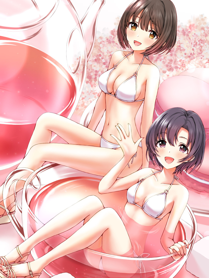 2girls bare_shoulders bikini black_hair blush breasts collarbone cup dot_nose food hand_up haua highres idolmaster idolmaster_cinderella_girls idolmaster_cinderella_girls_starlight_stage knees_up large_breasts looking_at_viewer macaron medium_breasts midriff multiple_girls navel open_hand open_mouth partially_submerged purple_eyes sandals shiragiku_hotaru short_hair side-tie_bikini_bottom sideboob sitting sitting_on_object smile sugar_cube swimsuit takafuji_kako teacup teapot toenails toes white_bikini yellow_eyes