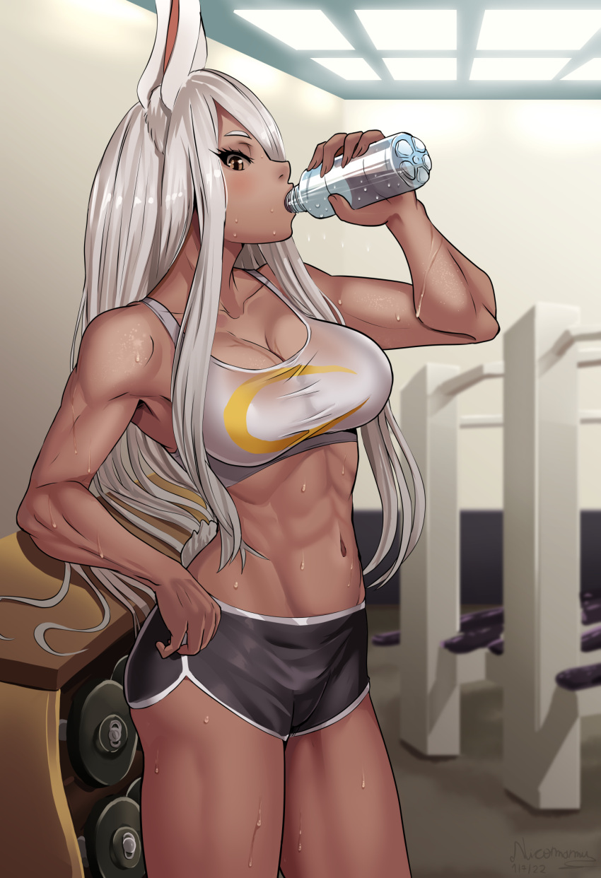 1girl animal_ears black_shorts boku_no_hero_academia bottle breasts brown_eyes ceiling_light collarbone commentary dark-skinned_female dark_skin dolphin_shorts drinking exercise_machine gym highres holding holding_bottle indoors large_breasts long_eyelashes long_hair looking_at_viewer mirko navel nicomamu profile rabbit_ears rabbit_girl rabbit_tail shirt shorts solo spanish_commentary sports_bra sweat tail tail_through_clothes toned very_long_hair water_bottle weights white_shirt white_sports_bra