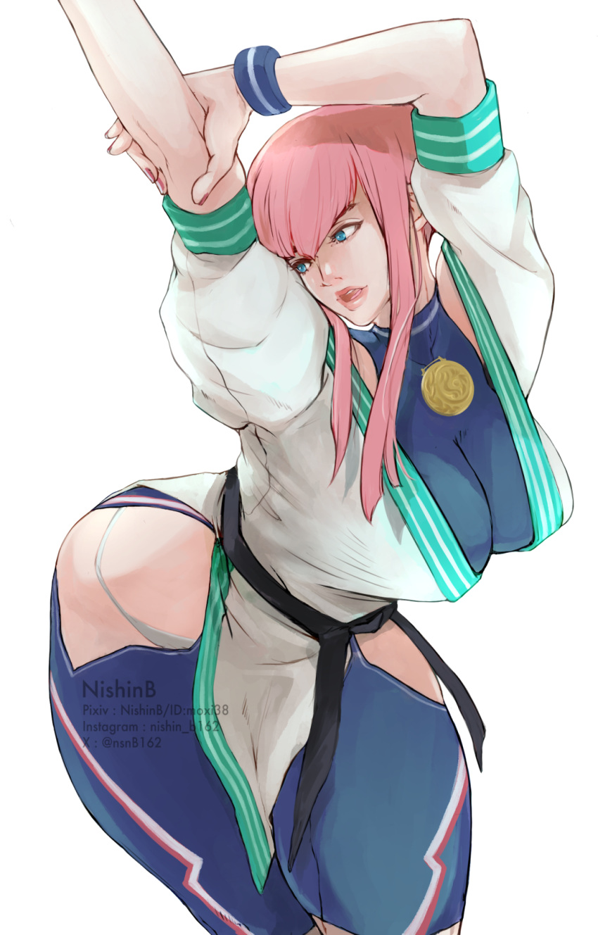 1girl arms_up belt black_belt breasts capri_pants commentary_request dougi highres hip_vent holding_own_arm impossible_clothes impossible_shirt instagram_username large_breasts leaning_forward looking_to_the_side manon_legrand martial_arts_belt medallion nishinb pants panty_straps pink_hair pink_lips pink_nails pixiv_username shirt short_hair_with_long_locks solo spandex street_fighter street_fighter_6 thick_thighs thighs twitter_username