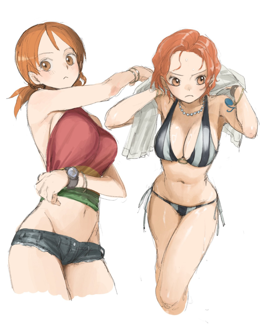 1girl armpit_crease bangle bare_shoulders bikini bracelet breasts cleavage closed_mouth commentary cowboy_shot crop_top cropped_legs denim denim_shorts halterneck hands_up highres jewelry large_breasts light_blush log_pose low_twintails midriff multiple_views nami_(one_piece) navel necklace official_alternate_costume official_alternate_hairstyle one_piece one_piece:_strong_world orange_eyes orange_hair pearl_necklace short_hair short_shorts shorts shoulder_tattoo side-tie_bikini_bottom stomach striped striped_bikini swimsuit symbol-only_commentary tattoo twintails urasanmyaku wavy_hair white_background