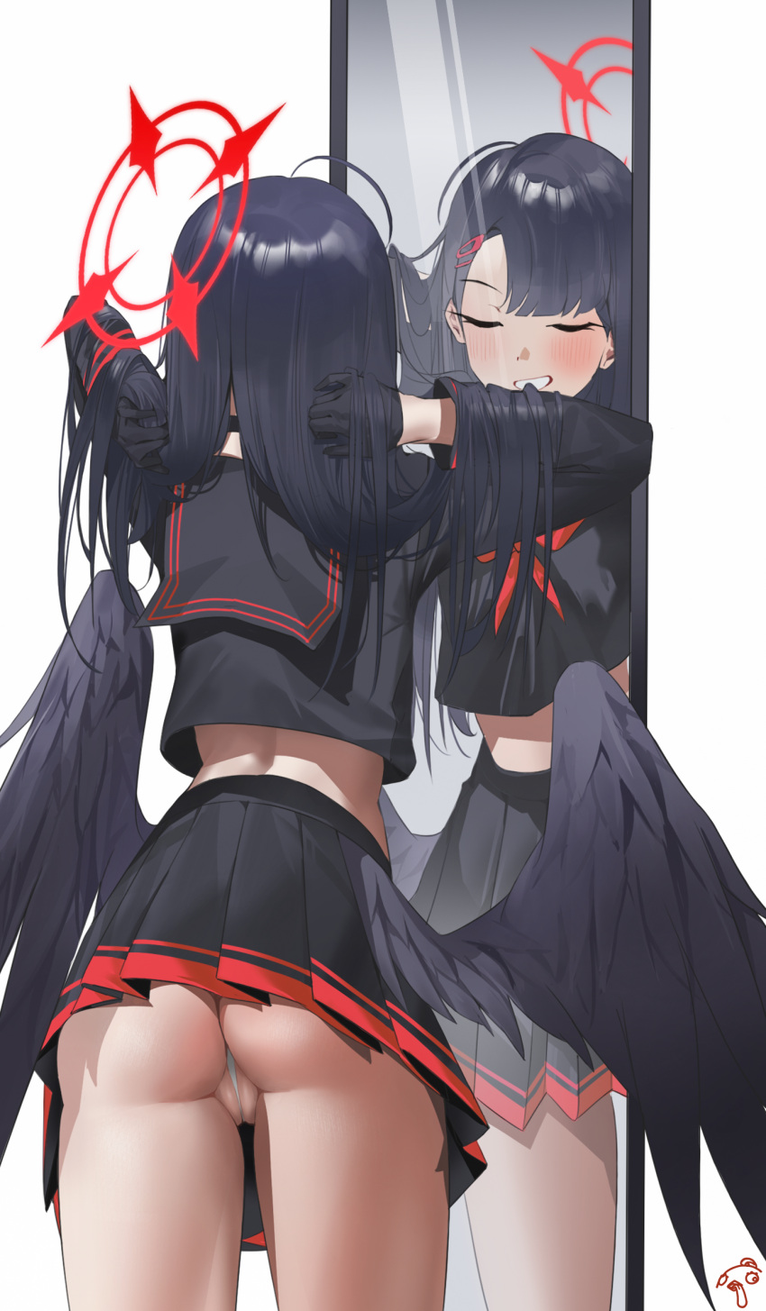 1girl arms_behind_head arms_up ass black_choker black_gloves black_hair black_serafuku black_wings blue_archive blush choker closed_eyes commentary cropped_shirt feathers from_behind gloves haine_1871 halo hand_in_own_hair highres ichika_(blue_archive) low_wings median_furrow midriff mirror neckerchief panties partially_visible_vulva pleated_skirt red_halo red_neckerchief reflection school_uniform serafuku simple_background skirt smile underwear upskirt white_background white_panties wings