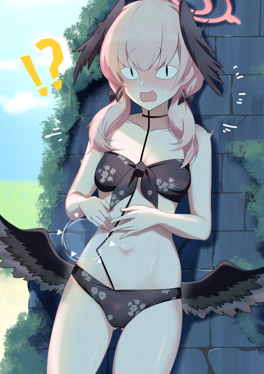 !? &lt;|&gt;_&lt;|&gt; 1girl absurdres bare_shoulders bikini black_bikini black_wings blue_archive blue_sky blush bow breasts brick_wall collarbone feathered_wings hair_bow halo head_wings highres koharu_(blue_archive) koharu_(swimsuit)_(blue_archive) long_hair looking_at_viewer low_twintails low_wings open_mouth oxygen_mask_(oxygenmask233) pink_hair sky small_breasts solo spaghetti_strap swimsuit thighs twintails wings