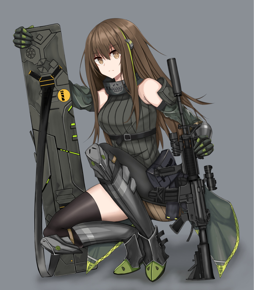 armored_boots armored_gloves assault_rifle boots brown_eyes brown_hair detached_sleeves girls'_frontline green_leotard gun highres holding holding_gun holding_weapon leotard m4_carbine m4a1_(girls'_frontline) non-web_source rifle weapon