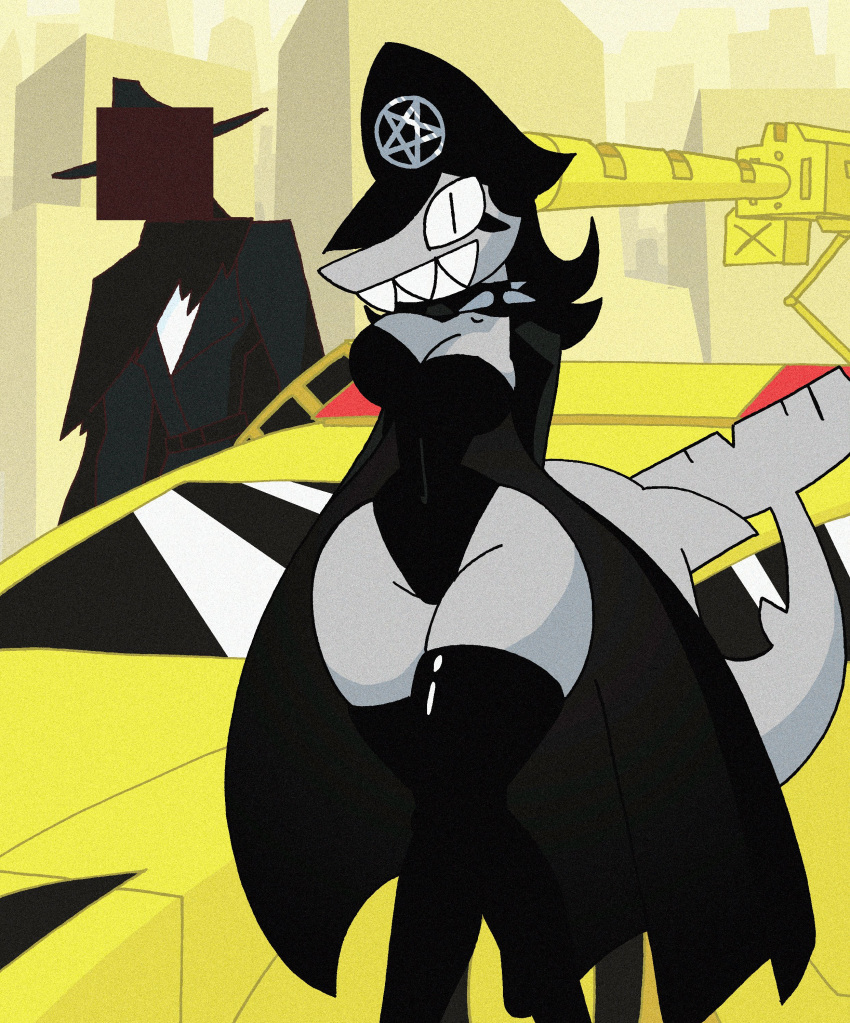 absurd_res ambiguous_gender anthro big_breasts breasts car censored_face choker city cityscape cleavage clothed clothing collar duo female fish gladiatrix_(rexon02) grey_body grin hat headgear headwear hi_res humanoid jewelry looking_at_viewer marine necklace pentagram rexon02 shark simple_background skimpy small_waist smile solo spiked_collar spikes thick_thighs vehicle