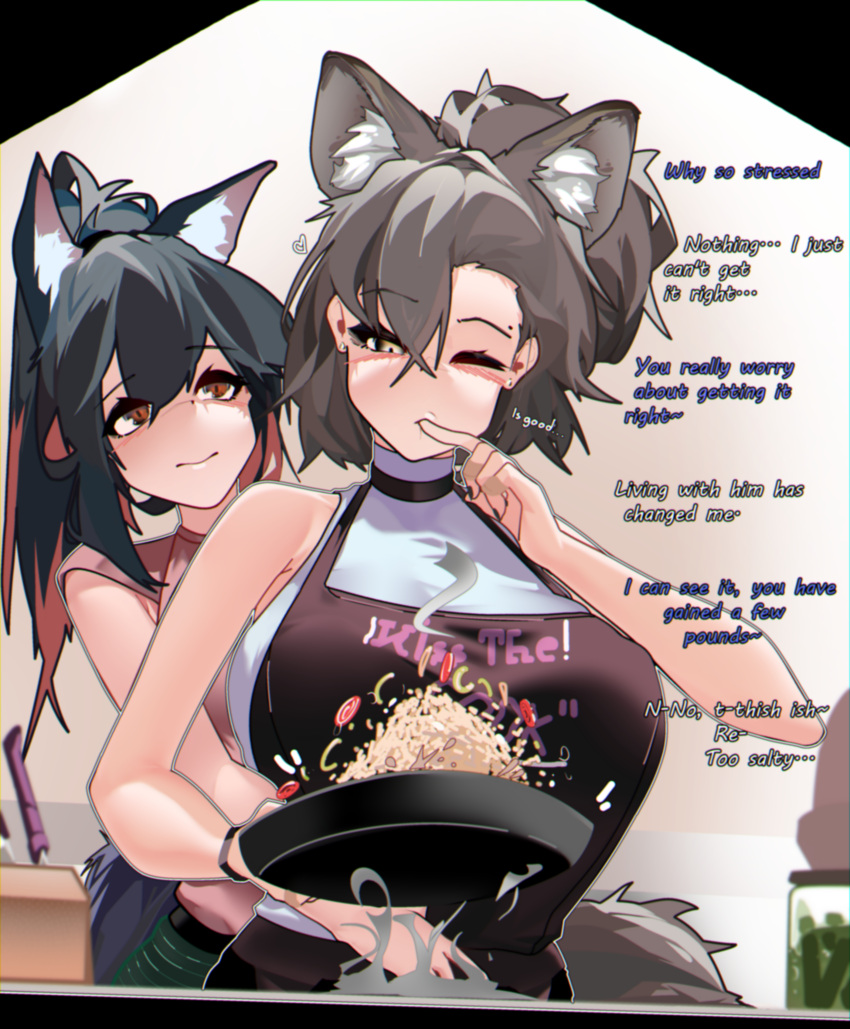 2girls absurdres animal_ear_fluff animal_ears apron arknights bare_shoulders black_apron black_hair black_nails breasts brown_eyes brown_hair clothes_writing commentary english_commentary english_text food fried_rice frying_pan grey_hair highres indoors large_breasts multicolored_hair multiple_girls nail_polish naxius_noxy one_eye_closed penance_(arknights) pink_shirt shirt sleeveless sleeveless_shirt texas_(arknights) two-tone_hair white_shirt