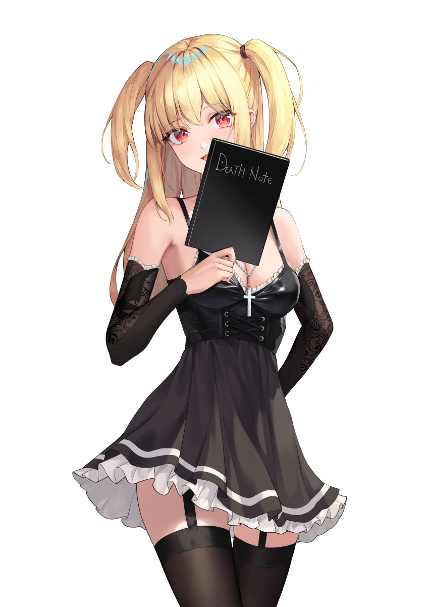 1girl :d absurdres amane_misa bare_shoulders black_dress blonde_hair breasts choker cross death_note death_note_(object) detached_sleeves dress earrings garter_straps highres holding jewelry kokose long_hair looking_at_viewer necklace red_eyes simple_background smile solo thighhighs two_side_up white_background