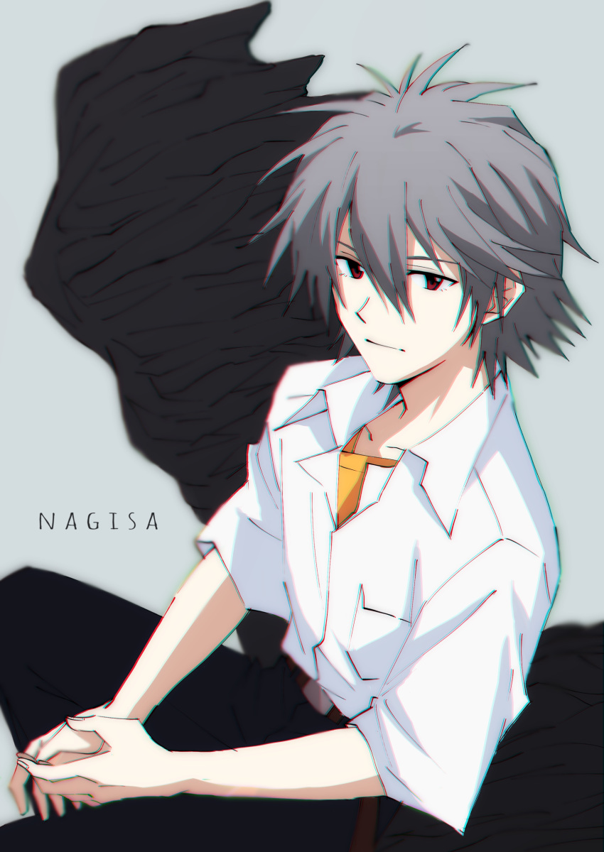 1boy absurdres belt black_background black_pants brown_belt character_name closed_mouth collared_shirt grey_background grey_hair highres male_focus multicolored_background nagisa_kaworu neon_genesis_evangelion official_style orange_shirt pants parody red_eyes shirt short_hair short_sleeves solo spiked_hair style_parody tousok white_shirt
