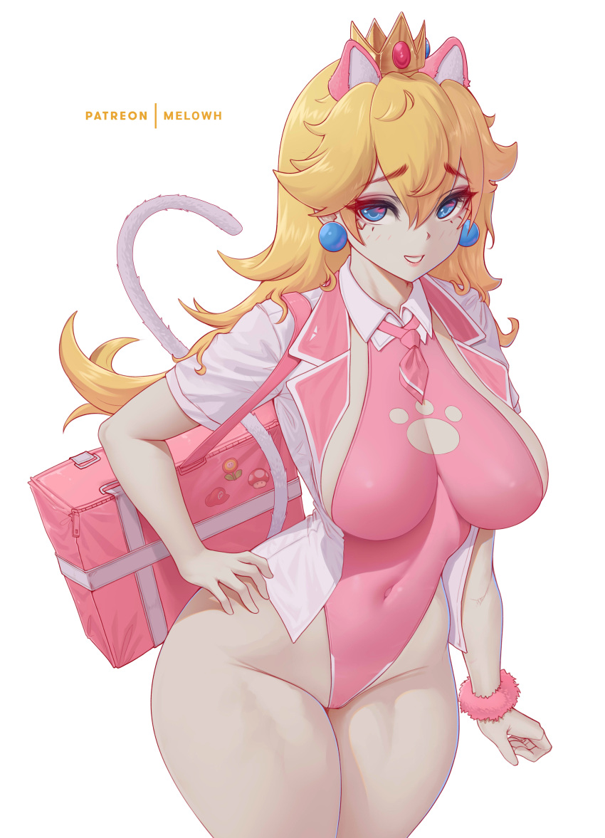 1girl absurdres animal_ear_fluff animal_ears blonde_hair blue_eyes blush bow bowtie breasts cat_ears cat_girl cat_tail collared_shirt crown earrings highleg highleg_leotard highres jewelry large_breasts leotard long_hair looking_at_viewer mario_(series) melowh necktie princess_peach scrunchie shirt short_sleeves smile solo tail thighs white_background wrist_scrunchie
