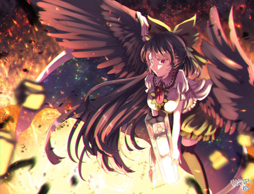 1girl arm_cannon bird_wings black_thighhighs bow breasts brown_eyes brown_hair brown_wings cape closed_mouth collared_shirt commentary_request control_rod feet_out_of_frame fire frilled_shirt_collar frilled_skirt frills frown green_bow green_skirt hair_bow highres kemo_chiharu large_breasts leaning_forward long_hair looking_at_viewer medium_bangs print_cape reiuji_utsuho rock shirt short_sleeves signature skirt solo standing starry_sky_print thighhighs third_eye touhou v-shaped_eyebrows very_long_hair weapon white_cape white_shirt wings
