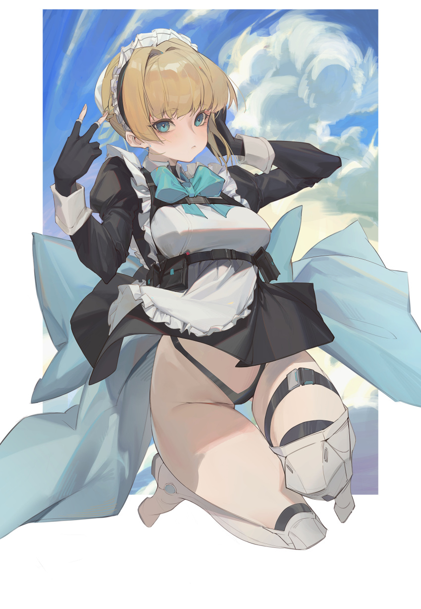1girl absurdres apron black_gloves black_panties blonde_hair blue_archive blue_bow blue_eyes boots bow cc_drawing cloud fingerless_gloves frilled_apron frills gloves highres long_sleeves looking_at_viewer maid maid_apron maid_headdress panties thigh_strap toki_(blue_archive) underwear upskirt white_footwear