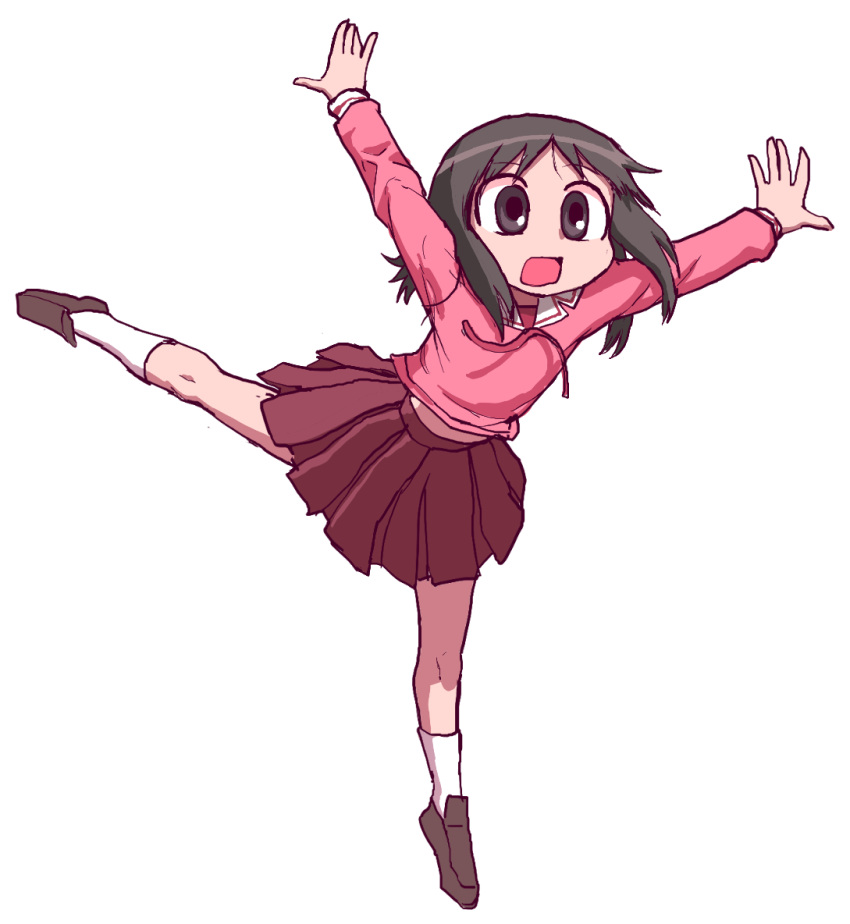 1girl arms_up azumanga_daioh azumanga_daioh's_school_uniform brown_eyes brown_footwear brown_hair commentary_request falling floating_hair full_body hair_over_shoulder jumping kasuga_ayumu korean_commentary leg_up loafers long_sleeves looking_at_viewer medium_hair midriff_peek neck_ribbon open_mouth outstretched_arms pink_shirt pleated_skirt red_ribbon red_skirt ribbon sailor_collar school_uniform serafuku shirt shoes shouting simple_background sketch skirt solo spread_arms surprised tekaaluk white_background white_sailor_collar wide-eyed
