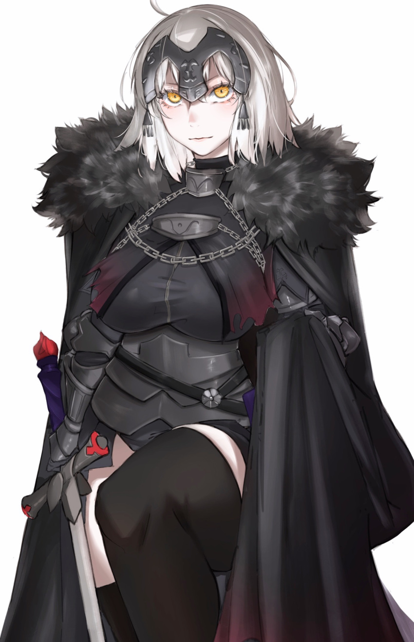 1girl armor armored_dress black_armor black_cape black_dress black_thighhighs breasts cape chain closed_mouth commentary_request dress fate/grand_order fate_(series) fur-trimmed_cape fur_trim gauntlets grey_hair headpiece highres holding holding_sword holding_weapon jeanne_d'arc_alter_(avenger)_(fate) jeanne_d'arc_alter_(avenger)_(first_ascension)_(fate) jeanne_d'arc_alter_(fate) large_breasts looking_at_viewer plackart ri_o_ne_su short_hair simple_background solo sword thighhighs weapon white_background yellow_eyes