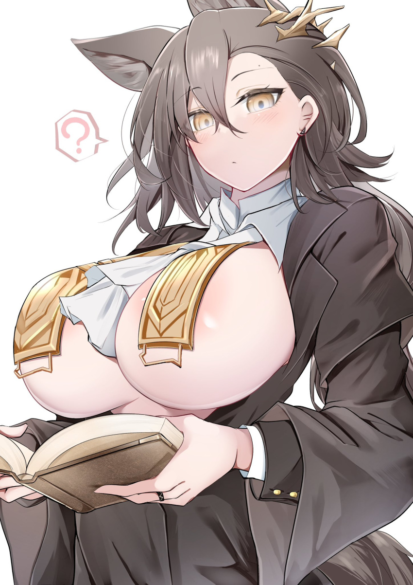 1girl ? animal_ears arknights ascot between_breasts book breasts breasts_out brown_eyes brown_hair earrings highres jewelry kokihanada large_breasts mole_above_eye open_book open_clothes open_shirt penance_(arknights) ring white_background wolf_ears