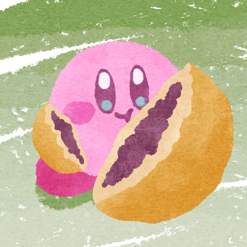 blush_stickers closed_mouth dorayaki eating food food_focus grass highres holding holding_food kirby kirby_(series) looking_at_viewer miclot no_humans pink_footwear shoes smile wagashi