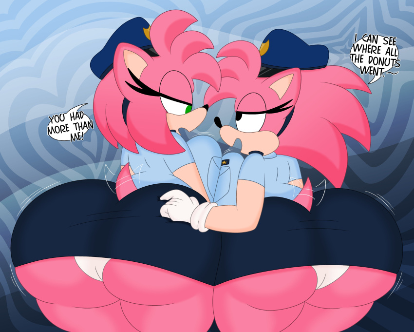 2023 3barts absurd_res accessory amy_rose anthro big_breasts big_butt black_nose black_pupils bottomwear bouncing_breasts breast_grab breast_jiggle breast_squish breasts breasts_frottage butt butt_jiggle classic_amy_rose classic_sonic_(universe) clothed clothing curvy_figure dialogue digital_drawing_(artwork) digital_media_(artwork) duo english_text eulipotyphlan eyelashes female fingers fur gloves green_eyes hair hair_accessory hairband half-closed_eyes hand_on_another's_breast hand_on_another's_butt hand_on_breast hand_on_butt handwear hat headgear headwear hedgehog hi_res hourglass_figure huge_breasts huge_butt jiggling mammal miniskirt motion_lines multicolored_body multicolored_fur narrowed_eyes necktie open_mouth panties pink_body pink_fur pink_hair police_hat police_officer police_uniform policewoman pupils sega simple_background skirt small_waist smile sonic_the_hedgehog_(series) speech_bubble squish tail tail_motion tailwag tan_body tan_fur text thick_thighs thigh_jiggle two_tone_body two_tone_fur underwear uniform white_clothing white_panties white_underwear wide_hips