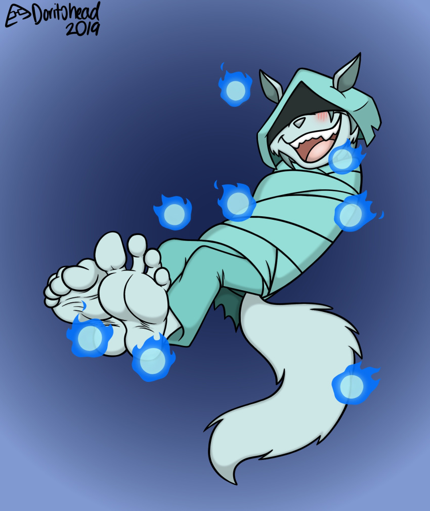 2019 4_toes anthro barefoot bdsm black_background blush blush_lines bondage bottomwear bound canid canine canis cloth_bondage clothing dated domestic_dog doritohead dust:_an_elysian_tail dust_(elysian_tail) eyes_obscured feet floating foot_focus fur gradient_background green_body green_bottomwear green_clothing green_ears green_fur green_hat green_headwear green_pants hat headgear headwear hi_res humanoid_feet laugh long_tail magic magic_ball male mammal open_mouth pants plantigrade prick_ears sharp_teeth signature simple_background soles solo tail teeth tickle_fetish tickle_torture tickling tickling_feet toe_curl toes wrinkled_feet