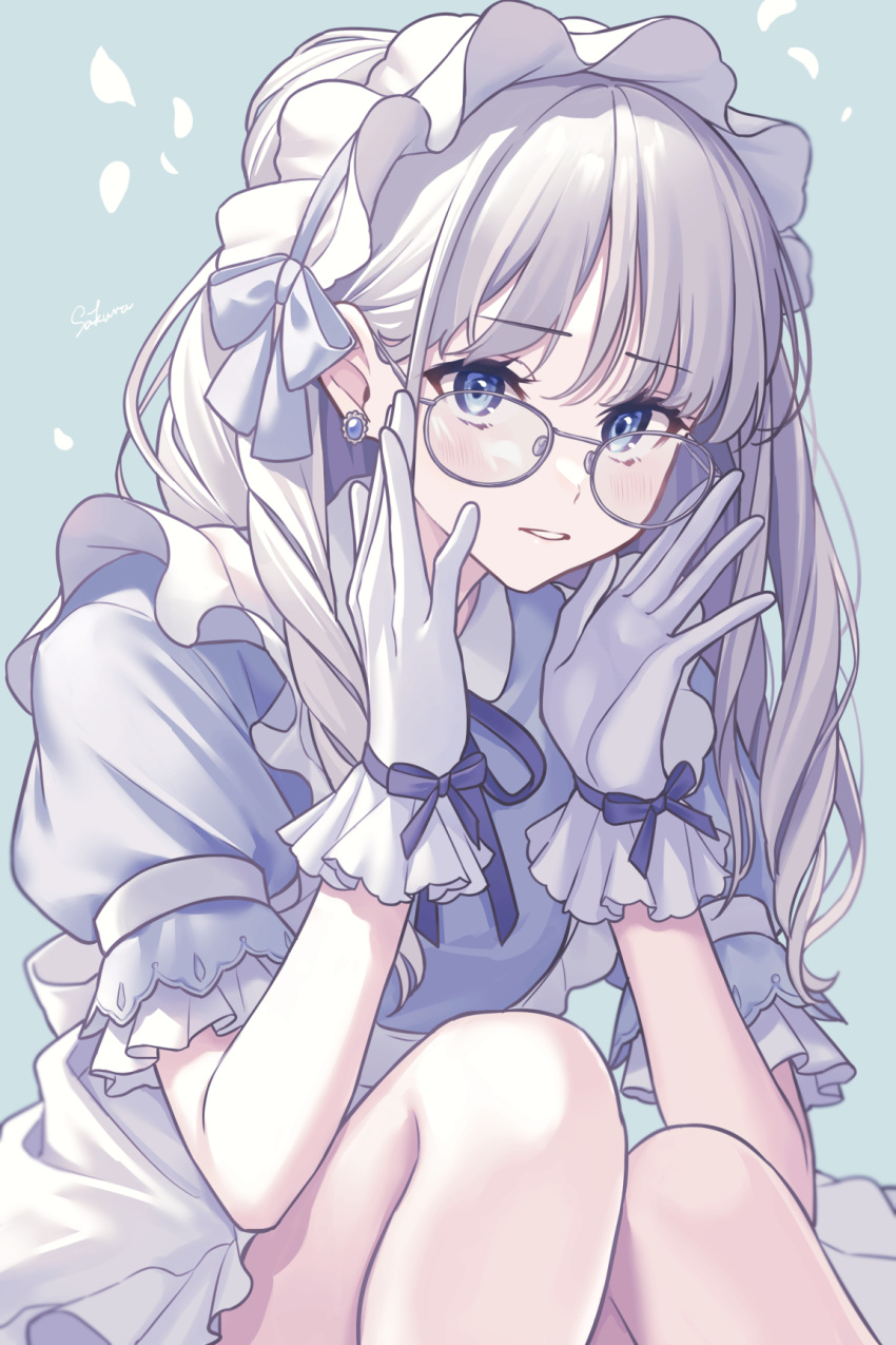 1girl adjusting_eyewear apron blue_dress blue_eyes blue_gemstone blue_ribbon bow collared_dress commentary dress earrings feet_out_of_frame frilled_apron frilled_sleeves frills gem glasses gloves grey-framed_eyewear grey_hair highres jewelry light_blue_background light_blush limited_palette long_hair looking_at_viewer lq_saku maid maid_apron maid_headdress neck_ribbon original parted_lips puffy_short_sleeves puffy_sleeves ribbon short_sleeves signature simple_background solo symbol-only_commentary white_apron white_bow white_gloves