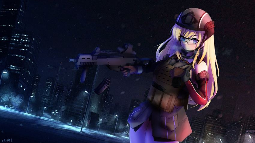 1girl absurdres assault_rifle bismarck_(kancolle) blonde_hair blue_eyes brown_gloves building chest_rig city city_lights cityscape commission commissioner_upload crr001 detached_sleeves glasses gloves gun h&amp;k_g36 heckler_&amp;_koch helmet highres holding holding_gun holding_magazine_(weapon) holding_weapon kantai_collection load_bearing_vest long_hair magazine_(weapon) magazine_ejection military military_helmet military_uniform night non-web_source outdoors plate_carrier reloading rifle snowing solo solo_focus standing uniform weapon